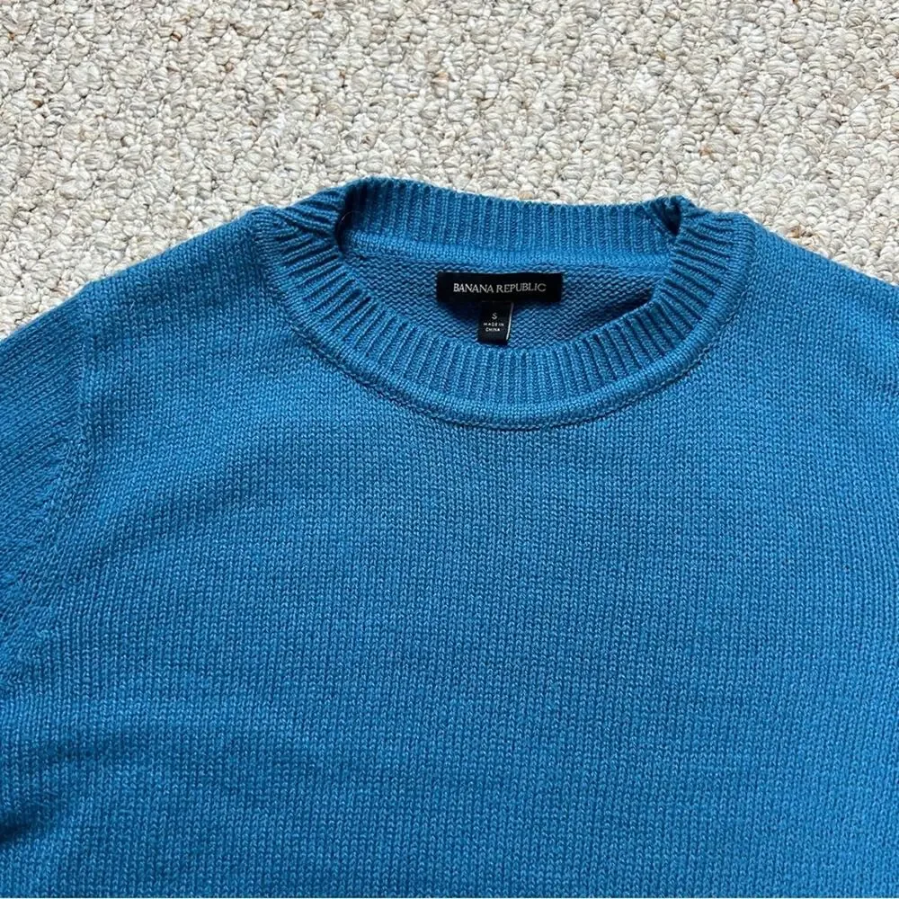Banana Republic Crewneck Blue Sweater Mens Small Cotton Blend Split Hem